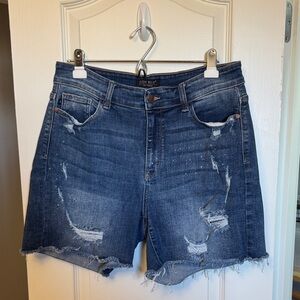 Judy Blue Women's Bleach Splash Distressed  Jean Shorts - Dark Blue